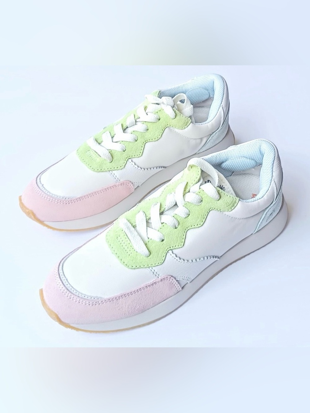 Soludos White Sneakers with Pastel Pink & Light Green Accents; Size 7.5
